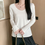 Pure White U-Necked Shirt Long-Sleeved T-Shirt Women's Early Autumn Lazy Relaxed Leisure Pure Cotton On The Basis Of Clothing