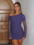 New Autumn Hot Slanted Shoulder Net Folded Long-Sleeved Dress Body Slimy Sexy Bag-Butty Dress Girl