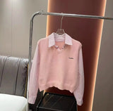 Fake Two Stripes Spliced Knitted Long-Sleeved Shirt Women's Spring And Autumn New Leisure College Style Stacking Cloth