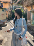 Collider Splicing And Fake Two Shoulder Long-Sleeved T-Shirts For Girls Spring Folds To Collect The Waist Thin Round Collar Inside The Top Of The Top