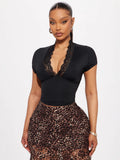 Ins Pure Passion Hottie Lace Splicing V-Neck Short-Sleeved T-Shirt Royal Sister Temperament Sexy Waist Short Top