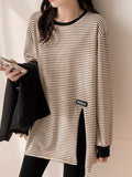 Pure Cotton Large Striped Long-Sleeved T-Shirt Women's Bottoming Shirt In Autumn And Winter With A Long Blouse Loose Belly Cover
