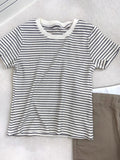 Pure Cotton Waffle Striped Short-Sleeved T-Shirts For Women's Niche Design Round-Neck Korean Loose Basics Of Absley Top
