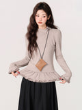 Autumn And Winter New Wooden Ear Lace Half-High Collar Long-Sleeved T-Shirt With Dehing Thicken Repair Body Dress Woman