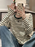 Pure Cotton Long-Sleeved T-Shirt Lady Spring And Autumn Coat Wears 2025 New Bottoming Shirt Inside The Striped Ocean Loose