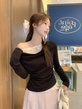 Korean Fake Two Lace One-Word Collar Design Long-Sleeved T-Shirt Girl Spring 2026 New Small Top
