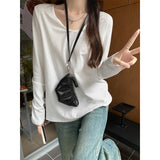 Lazy Windy Feeling White Pure Lust U Collar Long-Sleeved T-Shirt Girl Early Autumn With Hot Girls Loose Thin Bottom Shirt Top
