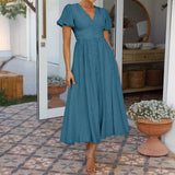 Dili 2025 Spring/Summer Leisure Commuting Holiday Wind V. Collar High-Waist Short-Sleeved Open-Fork Dress Woman
