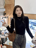 Black Half-High Collar Bottoming Shirt In Autumn And Winter With High-End Grinding Long-Sleeved T-Shirt Slimming Chic Top