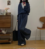 Shessaffella Lady With The Same Imitation Denim Set Fake Two Loose Broad-Legged Trousers