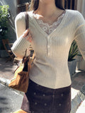 Purely Sexy Lace Side Pit Knitted Bottom Shirt Women Spring And Autumn V-Neck Button Slimmed Inside The Top