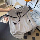 Super Good-Looking Unique Doll Collar Shoulder Knitted Shirt Woman 2025 Early Autumn Large-Size Fat Mm Bottom Sweater Soft Glutinous Top