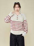 Design-Sensitive Striped Horn Buckle Round Collar Collar Sweater 2026 Autumn And Winter New Knitted Long-Sleeved Top