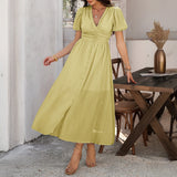 Dili 2025 Spring/Summer Leisure Commuting Holiday Wind V. Collar High-Waist Short-Sleeved Open-Fork Dress Woman