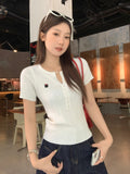 Korean Ash Hemp Shoulder Short-Sleeved T-Shirt Girl Summer New Hottie Slimming Embroidered Knitted Shirt Top