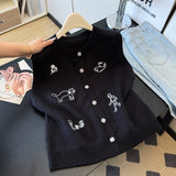 Small Scented Embroidered Sleeveless Vest Knitted Cardigan Women's Spring And Autumn Fat Vest Cover The Stomach Horse Clip Top