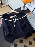 Super Good-Looking Unique Doll Collar Shoulder Knitted Shirt Woman 2025 Early Autumn Large-Size Fat Mm Bottom Sweater Soft Glutinous Top