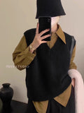 Curry Knitted Vest Women 2025 Spring New Small Ocean Gas Age Reduction Shoulder V Collar Folded Temperament Top