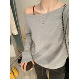 Milk Green Oblique Shoulder Pure Lusty Long-Sleeved T-Shirt Girl Early Autumn Shoulder Relaxation Feeling Lazy Bottom Top