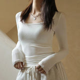 2025T Collar Ribs Fabric Autumn Bottom Shirt Black Low-Necked Women's T-Shirt Striped Splicing