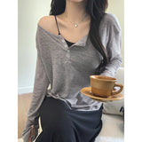 Gray Loose Lazy Wind Early Autumn Long Sleeves Sunscreen Air Conditioning Hood T-Shirt Girl Summer Half-Opened Collar Loose Feel Top