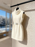 Dress Small Man Temperament To Attend Important Occasions Folded White Knitted High-Neck Vest Dress Winter