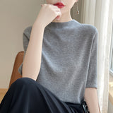 Half-High Collar Fashion Knitted Five-Sleeve Top Lady Summer Thin Flower Solid Color T-Shirt Loose Bottom
