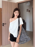Design-Sensitive Oblique Shoulder Short-Sleeved T-Shirt Woman 2025 New Summer Chic Shoulder Sympathizes With Pure Cotton-Dense Shawl Ins