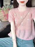 Korean Version Of The Design Sclenient Hook Flower Short-Sleeved Knitted Shirt For Women's Summer New Loose Gentle Wind Pink Age Reduction Top