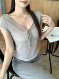 Korean Sexy Pure Desire U Tie Strap Shoulder Short-Sleeved T-Shirt 2026 Summer New Temperament To Close The Waist Thin Top