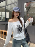 Lazy White Puppy Prints Oblique Shoulder Long-Sleeved T-Shirt Girl 2026 Early Autumn Side-To-Shoulder Relaxation Top