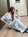 Gray Suit Design Slanted Shoulder To Waist Short-Sleeved T-Shirt Women Summer High-Waisted Leisure Broad Leg Trousers Two-Set