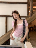 Purple Design Fake Two 2026 New Short-Sleeved T-Shirt Women Summer Chic Sweet Wearing Shoulder Repair Body