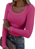2025 Thread Pit Strips Long Long-Sleeved Square Collar T-Shirt Elegant Short Sleeves