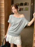 Korean Babes Embroidered Willow Collar Short-Sleeved T-Shirt Girl 2026 Summer Loose One-Word Shoulder Blouse
