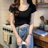 Design Sense Short T-Shirt Women's Round Neck Elastic Solid Color Match Summer Korean Version Of Leisure Tight Hot Girl Short-Sleeved Top
