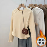 European Goods Autumn And Winter Grinding Thick Bottom Shirt Women Long Sleeves With Shoulder T-Shirt Design Thin Velvet Top Design