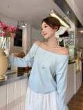 Black Slack Feel Inclined Angle Shoulder Long-Sleeved T-Shirt Girl Out-To-Shoulder Early Autumn Lazy Loose Babes Sexy Shoulder