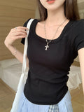 White Shoulder Folds To The Waist Short-Sleeved T-Shirt 2026 Summer New Slimming Hottie Short Top
