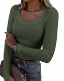 New Explosion Thread Pit Strips Long-Sleeved Sexy U-Neck Casual Women's T-Shirt