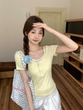 Milk Yellow Fake Two Broken Flowers Short Sleeves T-Shirt Women's 2026 Summer New Sweet Temperament Slim Thin Top