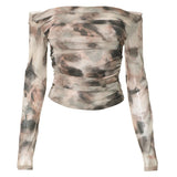 2025 Summer New Sexy Tie Dye Retro 3D Printing Embossed Shoulder Cloth Umbilical Long-Sleeved T-Shirt Girl