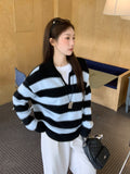 Korean Collar Stripe Splicing Color Knitted Shirt Women 2026 Early Autumn Loose Lazy Wind Jacket Sweater Jacket