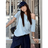 Design-Sensitive Cotton Gray Shoulder Loose Short-Sleeved T-Shirt Women's Summer Casual Set-Up White Top