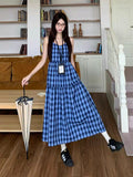 Blue Lattice Loose Sling Dress Women 2026 Summer New Sweet Thin Swing Skirt Mid-Long Skirt