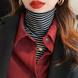 De-Hing Pile Collar Striped Bottoming Shirt Women's Long Sleeve 2025 Autumn And Winter 2025 New Set-Up Warm Top T-Shirt