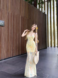 Holiday Wind Strapped With Bare Back Sling Dress Female Summer Floral Dress Babes To Close The Waist Fishtail Skirt With Hip Dress