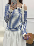 Korean Bumpy Stripes Irregular Lashed Shoulder Long-Sleeved T-Shirt Girl Spring New Waist Thin Temperament Blouse