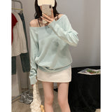 Milk Green Oblique Shoulder Pure Lusty Long-Sleeved T-Shirt Girl Early Autumn Shoulder Relaxation Feeling Lazy Bottom Top