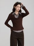 Korean College Style Fake Two Striped Shirt Collar Long Sleeves Of Women 2026 Autumn Slimming Inside The Bottom Of The Top